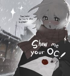 Rule 34 | 1girl, artist name, black eyes, black nails, blush, colored skin, english text, highres, holding, holding letter, letter, looking at viewer, menchi (radon86 nya), open mouth, original, outdoors, radon86 nya, scarf, short hair, smile, snowing, solo, upper body, white hair, white skin