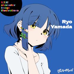 Rule 34 | 1girl, absurdres, asymmetrical bangs, asymmetrical sidelocks, blue background, blue hair, blue theme, bocchi the rock!, character name, closed mouth, collarbone, commentary, copyright name, earrings, hair ornament, hairclip, hand on own neck, highres, jewelry, k-on!, looking at viewer, mole, mole under eye, oekaki bibbi, parody, parted bangs, shirt, short hair, simple background, solo, white shirt, yamada ryo, yellow eyes