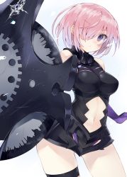 Rule 34 | 1girl, armor, bare shoulders, black dress, black thighhighs, blush, breasts, commentary request, dress, elbow gloves, fate/grand order, fate (series), female focus, gloves, hair over one eye, highres, kou mashiro, large breasts, looking at viewer, mash kyrielight, navel, open mouth, pink hair, purple eyes, shield, short hair, solo, thighhighs