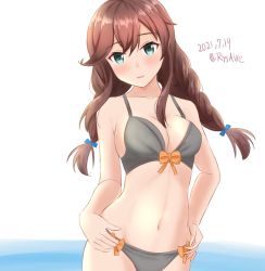 Rule 34 | 1girl, ame-san, bikini, braid, breasts, brown hair, cleavage, cowboy shot, dated, green eyes, grey bikini, hands on own hips, highres, kantai collection, large breasts, looking at viewer, navel, noshiro (kancolle), one-hour drawing challenge, solo, swept bangs, swimsuit, twin braids, twitter username