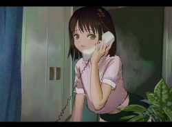 Rule 34 | 1girl, bad id, bad pixiv id, bob cut, brown hair, corded phone, green eyes, highres, holding, kgt (pixiv12957613), mole, mole under eye, original, parted lips, phone, pink shirt, scenery, shirt, short hair, smile, solo, talking on phone