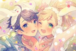 Rule 34 | 1boy, 1girl, 566zzz, alfonse (fire emblem), animal ears, artist name, bad id, bad twitter id, blonde hair, blue eyes, blue gloves, blue hair, blush, brother and sister, rabbit ears, fake animal ears, fire emblem, fire emblem heroes, flower, gloves, green eyes, hair flower, hair ornament, long hair, nintendo, one eye closed, open mouth, petals, ponytail, see-through, sharena (fire emblem), siblings