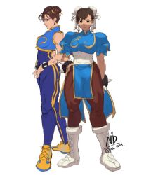 Rule 34 | boots, capcom, chinese clothes, chun-li, double bun, english text, full body, hair bun, hair ribbon, hand on own hip, high collar, official alternate costume, ribbon, shaded face, shoes, sideways glance, sneakers, spikes, standing, street fighter, white background