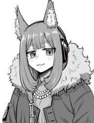 Rule 34 | 1girl, animal ear fluff, animal ears, arknights, bokiboki333, fur-trimmed jacket, fur trim, greyscale, headphones, highres, jacket, jewelry, long hair, long sleeves, looking at viewer, monochrome, necklace, open clothes, open jacket, pearl necklace, ratatos browntail (arknights), shirt, simple background, solo, squirrel ears, squirrel girl, thick eyebrows, upper body, white background