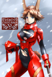Rule 34 | 1girl, animal ears, armor, bleeding, blood, blood on face, blue eyes, borrowed character, breasts, brown hair, rabbit ears, rabbit tail, cleavage, unworn headgear, iwaya, large breasts, lips, navel, pappel ostern, pixiv fantasia, pixiv fantasia 5, short hair, snow, solo, sword, tail, torn clothes, weapon, wind