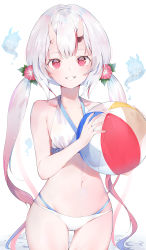 Rule 34 | 1girl, absurdres, auui, ball, bare arms, bare shoulders, beachball, bikini, blue hair, blush, collarbone, cowboy shot, flower, gradient hair, grin, hair flower, hair ornament, highres, holding, holding ball, holding beachball, hololive, horn ornament, horns, long hair, looking at viewer, multicolored hair, nakiri ayame, navel, oni, open mouth, red eyes, red flower, red hair, shiranui (nakiri ayame), silver hair, skin-covered horns, smile, solo, standing, stomach, streaked hair, swimsuit, thigh gap, twintails, very long hair, virtual youtuber, white bikini