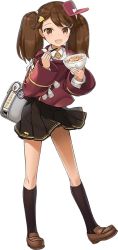 Rule 34 | 10s, 1girl, :d, bag, bowl, brown eyes, brown footwear, brown hair, brown legwear, brown skirt, chopsticks, food, full body, hair ornament, hairclip, holding bowl, japanese clothes, kantai collection, kuuro kuro, loafers, long sleeves, looking at viewer, magatama, official art, open mouth, pleated skirt, ryuujou (kancolle), shoes, skirt, smile, solo, standing, steam, sukiya, tassel, transparent background, twintails, visor cap