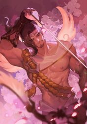 Rule 34 | 1boy, absurdres, angel wings, arrow (projectile), asian, bara, beard, brown hair, cowboy shot, cupid hanzo, dutch angle, facial hair, hanzo (overwatch), highres, large pectorals, luna-9, male focus, muscular, muscular male, official alternate costume, overwatch, pectorals, petals, short hair, smile, solo, thick eyebrows, tiara, underpec, valentine, wings