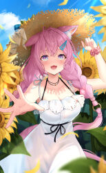 Rule 34 | 1girl, :3, :d, alternate costume, alternate hairstyle, animal ear fluff, animal ears, antenna hair, blue sky, blurry, blush, braid, breasts, choker, cleavage, commentary request, cowboy shot, crossed bangs, day, depth of field, dress, eyelashes, field, flower, flower field, hair between eyes, hair ornament, hairclip, hakui koyori, halterneck, hand up, happy, hat, heart, heart choker, highres, hololive, large breasts, long hair, looking at viewer, low twin braids, open hand, open mouth, outdoors, outstretched arm, pink hair, pink scrunchie, purple eyes, scrunchie, sky, sleeveless, sleeveless dress, smile, solo, standing, straw hat, sundress, sunflower, sunflower field, sunlight, twin braids, usushio, very long hair, virtual youtuber, white dress, wolf ears, wolf girl, wrist scrunchie