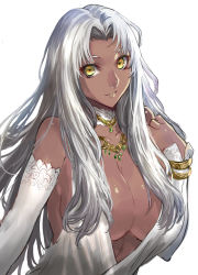 Rule 34 | 1girl, bare shoulders, breasts, cleavage, dark-skinned female, dark skin, elbow gloves, gloves, jewelry, large breasts, long hair, looking at viewer, necklace, original, ran&#039;ou (tamago no kimi), shiny skin, sideboob, simple background, smile, solo, white background, white gloves, white hair, yellow eyes