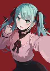 Rule 34 | 1girl, :d, absurdres, black bow, black nails, black skirt, blush, bow, center frills, collared shirt, commentary request, daminminmin, facial mark, fang, frilled shirt collar, frills, green eyes, green hair, hair bow, hatsune miku, heart, high-waist skirt, highres, long hair, long sleeves, looking at viewer, mask, mask pull, mouth mask, nail polish, open mouth, pink shirt, puffy long sleeves, puffy sleeves, reaching, reaching towards viewer, red background, shirt, simple background, skirt, sleeves past wrists, smile, solo, twintails, vampire (vocaloid), very long hair, vocaloid