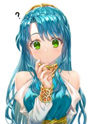 Rule 34 | 1girl, ?, absurdres, bare shoulders, blue hair, blush, bracer, braid, breasts, cleavage, commentary request, dress, french braid, green eyes, hair intakes, head tilt, highres, jewelry, long hair, looking at viewer, madou monogatari, medium breasts, neck ring, portrait, puyopuyo, rulue (puyopuyo), sash, solo, strapless, strapless dress, upper body, wavy hair, white dress, zuzuhashi