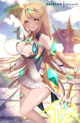 Rule 34 | aegis sword (xenoblade), bad id, bad twitter id, bare legs, bare shoulders, blonde hair, breasts, chest jewel, cleavage, cleavage cutout, clothing cutout, dress, earrings, elbow gloves, gem, gloves, headpiece, highres, jewelry, kamaniki, large breasts, long hair, mythra (xenoblade), short dress, solo, swept bangs, thigh strap, tiara, very long hair, white dress, white gloves, xenoblade chronicles (series), xenoblade chronicles 2, yellow eyes