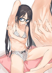 Rule 34 | 1girl, :p, absurdres, arm up, armpit focus, armpits, barefoot, black hair, blue eyes, bra, breasts, collarbone, commentary request, commission, fingernails, glasses, highres, idolmaster, idolmaster shiny colors, long hair, looking at viewer, medium breasts, mitsumine yuika, navel, panties, perorin, pixiv commission, polka dot, polka dot panties, presenting armpit, simple background, sitting, solo, thighhighs, tongue, tongue out, underwear, underwear only, white background, white bra, white panties