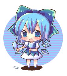 Rule 34 | 1girl, blue eyes, blue hair, bow, chibi, chocolat (momoiro piano), cirno, dress, female focus, food, full body, hair bow, matching hair/eyes, popsicle, shoot the bullet, simple background, solo, touhou, white background, wings