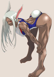 Rule 34 | 1girl, absurdres, animal ears, ass, back, bare arms, bare legs, bare shoulders, barefoot, bent over, boku no hero academia, breasts, clothing cutout, competition swimsuit, damos (child flame), dark-skinned female, dark skin, full body, grey background, hands on own knees, hanging breasts, highres, large breasts, legs, long hair, looking at viewer, mirko, multicolored clothes, multicolored swimsuit, muscular, muscular female, one-piece swimsuit, parted bangs, rabbit ears, rabbit girl, rabbit tail, red eyes, smile, solo, sweat, swimsuit, tail, tail through clothes, thighs, toes, white hair