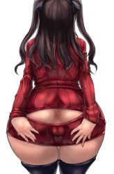 Rule 34 | 1girl, adapted costume, anus, anus only, ass, ass cutout, black hair, clothing cutout, fate/stay night, fate (series), from behind, hands on ass, leaning forward, majime kei kuzumochi, meme attire, no panties, open-chest sweater, pussy juice, simple background, solo, sweater, thighhighs, tohsaka rin, wardrobe error, white background