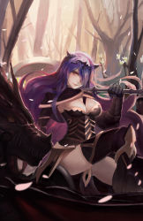 Rule 34 | 1girl, armor, axe, battle axe, black armor, black footwear, boots, breasts, bustier, camilla (fire emblem), cleavage, dragon, fire emblem, fire emblem fates, flower, forest, highres, holding, holding weapon, large breasts, lips, long hair, looking at viewer, marzia (fire emblem if), nature, nintendo, petals, purple eyes, purple hair, sharp teeth, sitting, strap, teeth, tetsu (aurvandil), thigh boots, thighhighs, thighs, tiara, tree, vambraces, very long hair, weapon, wyvern, yellow eyes
