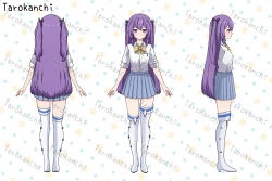 Rule 34 | 1girl, absurdres, asymmetrical footwear, black ribbon, blue skirt, blush, boots, bow, closed mouth, collared shirt, commentary request, dress shirt, hair between eyes, hair ribbon, highres, long hair, multiple views, original, pleated skirt, purple eyes, purple hair, ribbon, rock zinc, shirt, short sleeves, skirt, smile, star (symbol), starry background, thigh boots, turnaround, two side up, very long hair, white background, white footwear, white shirt, yellow bow