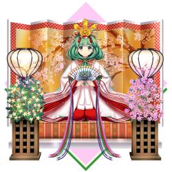 Rule 34 | 1girl, absurdres, alternate costume, closed mouth, commentary, english commentary, flower, front ponytail, full body, game cg, green eyes, green hair, hair ornament, hand fan, highres, holding, holding fan, kagiyama hina, kagiyama hina (white hina doll of catharsis), lamp, long sleeves, looking at viewer, medium hair, pink flower, rotte (1109), second-party source, seiza, sitting, smile, solo, touhou, touhou lostword, white flower, wide sleeves