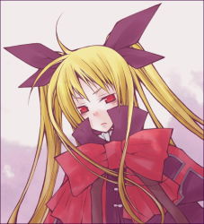 Rule 34 | 1girl, arc system works, blazblue, blonde hair, bow, dress, gothic lolita, hair ribbon, lolita fashion, rachel alucard, red bow, red eyes, ribbon, slit pupils, solo, twintails, vampire, xicero