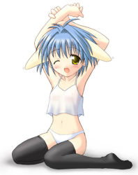 Rule 34 | 00s, 1girl, animal ears, black thighhighs, blue hair, blush, broccoli (company), camisole, full body, galaxy angel, lingerie, looking at viewer, midriff, mint blancmanche, navel, one eye closed, panties, plantar flexion, short hair, simple background, sitting, smile, solo, stretching, thighhighs, underwear, wariza, white background, white panties, wink, yellow eyes