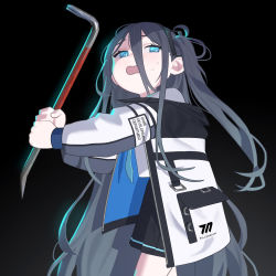 Rule 34 | 1girl, aris (blue archive), black hair, black skirt, blue archive, blue eyes, blue necktie, cowboy shot, crowbar, hair between eyes, highres, holding, holding crowbar, holding weapon, jacket, kurt bestor, long hair, long hair between eyes, long sleeves, necktie, open mouth, raised eyebrows, ringed eyes, shirt, side ponytail, skirt, solo, sweat, very long hair, weapon, white jacket, white shirt