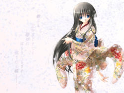 Rule 34 | 00s, 1girl, glowing, glowing petals, japanese clothes, kimono, long hair, petals, shion (kawasemi), solo, standing, tohno akiha, tsukihime, very long hair, wallpaper