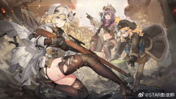 Rule 34 | 3girls, ahoge, black gloves, blonde hair, blue eyes, bolt action, coat, fur hat, girls&#039; frontline, girls&#039; frontline 2: exilium, glasses, gloves, gun, hat, high heels, highres, holding, holding gun, holding weapon, mosin-nagant, mosin-nagant (girls&#039; frontline), multiple girls, open mouth, pantyhose, parted lips, pointing, purple hair, rifle, shorts, starshadowmagician, stechkin (girls&#039; frontline), torn clothes, torn pantyhose, ushanka, weapon, weibo watermark, white coat, wkp (girls&#039; frontline)