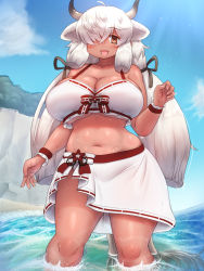Rule 34 | 1girl, :d, arm at side, bare shoulders, beach, bikini, black horns, blush, breasts, brown eyes, cleavage, collarbone, curvy, day, dripping, extra ears, feet out of frame, grey horns, hair over one eye, hair ribbon, hand up, highres, horns, huge breasts, kemono friends, legs apart, long bangs, long hair, looking at viewer, mo23, multicolored horns, navel, ocean, open mouth, outdoors, ox ears, ox girl, ox horns, ribbon, sand, sarong, sidelocks, smile, solo, standing, stomach, swimsuit, tail, tan, tanline, twintails, underboob, wading, water, wet, white hair, yak (kemono friends)