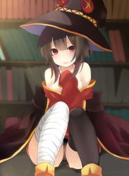Rule 34 | 10s, 1girl, :d, ankle boots, asymmetrical legwear, bandaged leg, bandages, black cape, black hat, black panties, black thighhighs, blunt bangs, blush, book, bookshelf, boots, breasts, button eyes, buttons, cape, collarbone, dress, hand on own chest, hands in opposite sleeves, hat, head tilt, indoors, knees up, kono subarashii sekai ni shukufuku wo!, library, looking at viewer, megumin, mikan no shiru, mismatched legwear, off-shoulder dress, off shoulder, open mouth, panties, pantyshot, red dress, shelf, short hair, sidelocks, single thighhigh, sitting, small breasts, smile, solo, tareme, thighhighs, underwear, upskirt, witch hat, yellow footwear