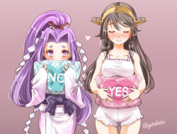 Rule 34 | 10s, 2girls, babydoll, bare shoulders, blush, breast rest, breasts, brown hair, closed eyes, embarrassed, gradient background, hair ornament, hair ribbon, hairband, hairclip, haruna (kancolle), hatsuharu (kancolle), heart, jewelry, kantai collection, long hair, looking at viewer, multiple girls, no, pillow, ponytail, ribbon, ring, shorts, smile, sogabe toshinori, wedding band, yes, yes-no pillow