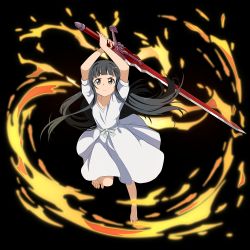 Rule 34 | 1girl, arms up, barefoot, black eyes, black hair, dress, feet, fire, floating hair, full body, highres, holding, holding sword, holding weapon, huge weapon, long hair, lunging, non-web source, official art, pyrokinesis, serious, short sleeves, solo, sword, sword art online, toes, transparent background, weapon, white dress, yui (sao)