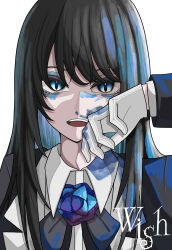 Rule 34 | 1girl, absurdres, ado (utaite), black bow, black bowtie, black coat, black hair, blue eyes, blue flower, blue hair, blue rose, bow, bowtie, chando (ado), cloud nine inc, coat, collared shirt, colored inner hair, commentary, dress shirt, english commentary, english text, flower, flower brooch, gloves, highres, long hair, long sleeves, looking at viewer, mole, mole under eye, multicolored hair, nemophila2929, open clothes, open coat, open mouth, paint in hair, paint on clothes, paint splatter, paint splatter on face, rose, shadow, shirt, sidelocks, simple background, solo, teeth, upper body, upper teeth only, utaite, white background, white gloves, white shirt, wiping face
