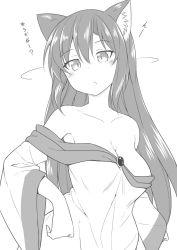 Rule 34 | 1girl, animal ear fluff, animal ears, bare shoulders, breasts, commentary request, dress, greyscale, highres, imaizumi kagerou, kazawa (tonzura-d), large breasts, long hair, long sleeves, monochrome, solo, touhou, wide sleeves, wolf ears