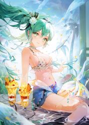 Rule 34 | 1girl, :3, absurdres, aqua eyes, aqua hair, arm support, bare shoulders, beamed sixteenth notes, bikini, blue shorts, blue sky, breasts, choker, cleavage, cloud, confetti, day, eighth note, floating hair, flower, food, foodification, frilled bikini, frills, fruit, hair between eyes, hair flower, hair ornament, happyongdal, hatsune miku, highres, jewelry, kagamine len, kagamine rin, long hair, looking at viewer, medium breasts, musical note, navel, necklace, open fly, palm tree, parfait, partially submerged, polka dot, polka dot bikini, shorts, sitting, sixteenth note, sky, smile, soaking feet, solo, stomach, swimsuit, tree, very long hair, vocaloid, water, watermelon