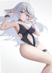 Rule 34 | 1girl, absurdres, ahoge, black hair, black one-piece swimsuit, breasts, cleavage, clothing cutout, fang, gradient background, grey hair, hair ornament, hairpin, hands up, highres, hololive, large breasts, long hair, miya takanashi, multicolored hair, navel, navel cutout, one-piece swimsuit, parted lips, red eyes, red nails, sakamata chloe, scrunchie, simple background, solo, streaked hair, swimsuit, thigh strap, virtual youtuber, wrist scrunchie, x hair ornament