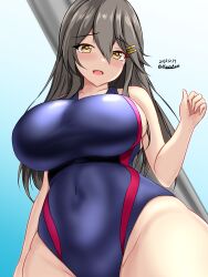 Rule 34 | 1girl, black hair, black one-piece swimsuit, breasts, brown eyes, competition swimsuit, covered navel, cowboy shot, dated, day, hair between eyes, hair ornament, hairclip, haruna (kancolle), highleg, highleg swimsuit, highres, impossible clothes, impossible swimsuit, kantai collection, large breasts, long hair, looking at viewer, montemasa, multicolored clothes, multicolored swimsuit, one-piece swimsuit, open mouth, rei no pool, smile, solo, swimsuit, twitter username, two-tone swimsuit, window