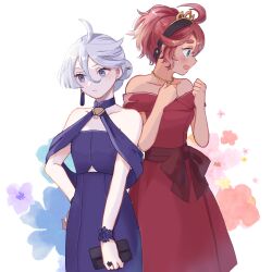 Rule 34 | 2girls, absurdres, ahoge, aqua eyes, bag, bare shoulders, black hairband, blue dress, bow, bracelet, breasts, chihiro (cicirll), closed mouth, collarbone, commentary request, dress, earrings, grey eyes, grey hair, gundam, gundam suisei no majo, hair between eyes, hair up, hairband, hand on own hip, handbag, highres, holding, holding bag, jewelry, medium breasts, miorine rembran, multiple girls, necklace, nervous, official alternate costume, open mouth, red bow, red dress, red hair, ring, short hair, sleeveless, sleeveless dress, small breasts, standing, strapless, strapless dress, suletta mercury, sweatdrop, swept bangs, thick eyebrows, tiara, waist bow, white background