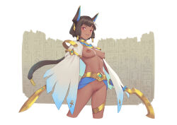 Rule 34 | 1girl, bigrbear, black hair, breasts, cleft of venus, dark-skinned female, dark skin, egyptian, functionally nude, hieroglyphics, holding, holding sword, holding weapon, horns, long hair, looking at viewer, medium breasts, navel, nipples, open mouth, original, pussy, red eyes, revealing clothes, short hair, simple background, solo, standing, sword, uncensored, weapon, white background