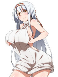 Rule 34 | 10s, 1girl, backless outfit, breast hold, breast lift, breasts, cowboy shot, hairband, kantai collection, large breasts, long hair, looking at viewer, meme attire, naked sweater, shinsono shiroko, shoukaku (kancolle), simple background, smile, solo, sweater, turtleneck, turtleneck sweater, virgin killer sweater, white background, white hair, white sweater, yellow eyes