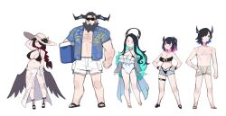 2boys 3girls aqua_hair aradia_ravencroft arm_hair bikini black_bikini black_hair breasts brother_and_sister chest_hair chibi colored_inner_hair dasdokter demon_horns family father_and_daughter father_and_son height_difference highres hololive hololive_english horns husband_and_wife large_breasts malpha_ravencroft malphis_ii_ravencroft mamarissa mole mole_under_eye mother_and_daughter mother_and_son multicolored_hair multiple_boys multiple_girls paparissa sarong short_shorts shorts siblings sisters swimsuit virtual_youtuber wavy_hair white_sarong