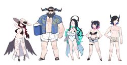 2boys 3girls aqua_hair aradia_ravencroft arm_hair bikini black_bikini black_hair breasts brother_and_sister chest_hair chibi colored_inner_hair dasdokter demon_horns family father_and_daughter father_and_son height_difference highres hololive hololive_english horns husband_and_wife large_breasts malpha_ravencroft malphis_ii_ravencroft mamarissa mature_female mole mole_under_eye mother_and_daughter mother_and_son multicolored_hair multiple_boys multiple_girls paparissa sarong short_shorts shorts siblings sisters swimsuit virtual_youtuber wavy_hair white_sarong