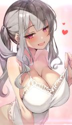 Rule 34 | 1girl, blush, breasts, camisole, cleavage, collarbone, heart, highres, large breasts, long hair, looking at viewer, open mouth, original, osa (osaosa), red eyes, side ponytail, sidelocks, silver hair, smile, solo, strap pull