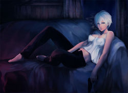 Rule 34 | 1girl, bare shoulders, barefoot, blue eyes, breasts, cigarette, cleavage, couch, covered erect nipples, fate/zero, fate (series), feet, gun, handgun, itori (clarice note), lips, natalia kaminski, navel, off shoulder, open fly, panties, pants, pistol, realistic, short hair, sitting, smoking, solo, underwear, unzipped, vest, weapon, white hair