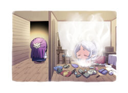 Rule 34 | 2girls, absurdres, chibi, closed eyes, closed mouth, completely nude, earrings, elf, fern (sousou no frieren), frieren, grey hair, highres, indoors, jewelry, long hair, multiple girls, nude, oshake, pointy ears, purple hair, sousou no frieren, steam, twintails, walking