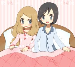 Rule 34 | 1boy, 1girl, ako (ako0905), bed, black hair, blush, buttons, calem (pokemon), collarbone, commentary request, creatures (company), eyelashes, eyes visible through hair, game freak, holding, indoors, light brown hair, long hair, long sleeves, looking at another, nintendo, open mouth, pajamas, pillow, pokemon, pokemon xy, serena (pokemon), smile, teeth, tongue, under covers