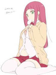 Rule 34 | 1girl, bad id, bad twitter id, belly, blunt bangs, breasts, cardigan, character request, dated, female focus, green eyes, hands on own chest, koruri, long hair, medium breasts, mouth hold, navel, no shoes, pink hair, pink thighhighs, plump, school uniform, simple background, sitting, solo, thighhighs, twitter username, unbuttoned, wariza, white background