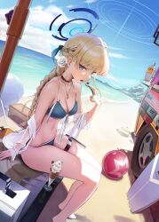 Rule 34 | 1girl, absurdres, alternate costume, ball, bare shoulders, barefoot, beach, beachball, bikini, blonde hair, blue archive, blue eyes, blue hair, blue sky, blush, bow, bowtie, braid, braided ponytail, breasts, case, cherry, choker, cloud, collarbone, food, french braid, front-tie bikini top, front-tie top, fruit, halo, highres, holding, holding spoon, ice cream, legs, long hair, looking at viewer, medium breasts, motor vehicle, multicolored hair, navel, ocean, open mouth, outdoors, sitting, sky, solo, spoon, stomach, streaked hair, sweat, swimsuit, thigh strap, thighs, toes, toki (blue archive), van, yarn (yarn 03)