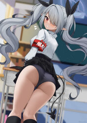 Rule 34 | 1girl, absurdres, armband, ass, black panties, black skirt, black socks, blue archive, blush, classroom, demon tail, feet out of frame, grey hair, hair over one eye, halo, highres, indoors, iori (blue archive), kneehighs, kneepits, long hair, looking at viewer, looking back, nassss, one eye covered, panties, pointy ears, red armband, red eyes, shirt, skirt, socks, solo, sweatdrop, tail, twintails, underwear, very long hair, white shirt